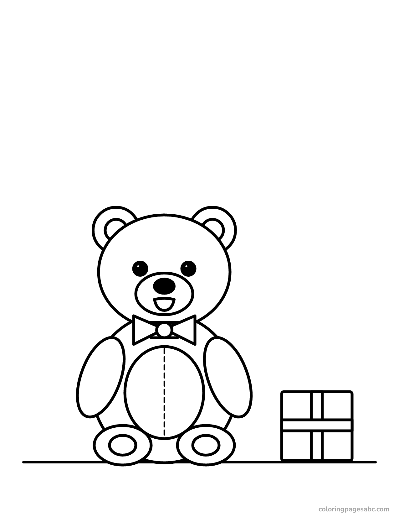 Teddy bear next to a gift box with a ribbon coloring page