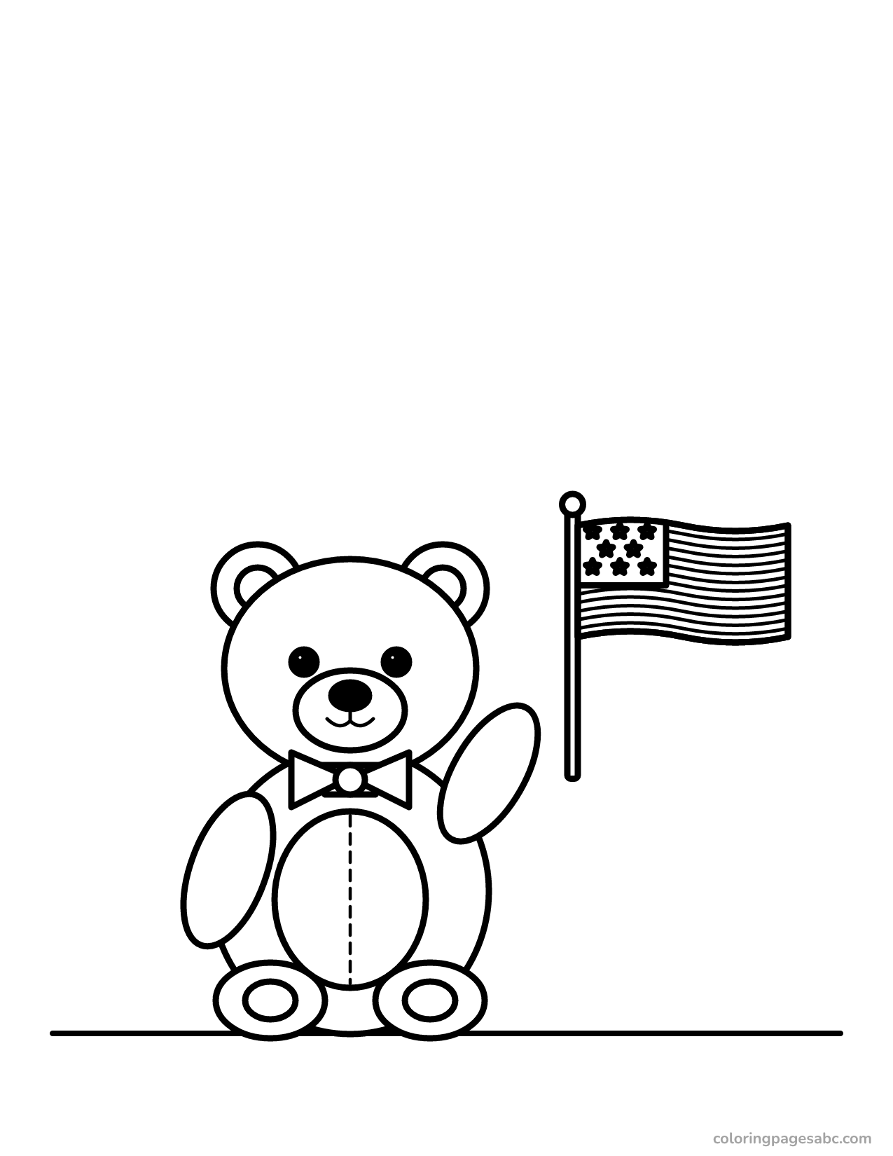 Waving teddy bear with a bow tie next to an American flag