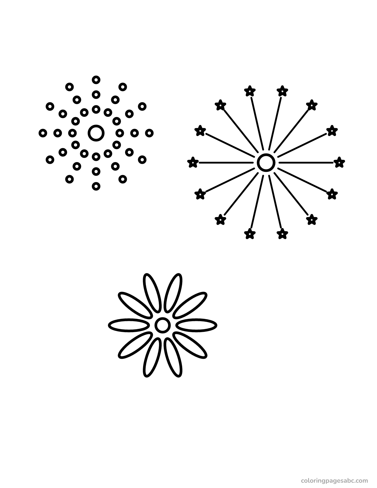 Three different fireworks in the sky coloring page