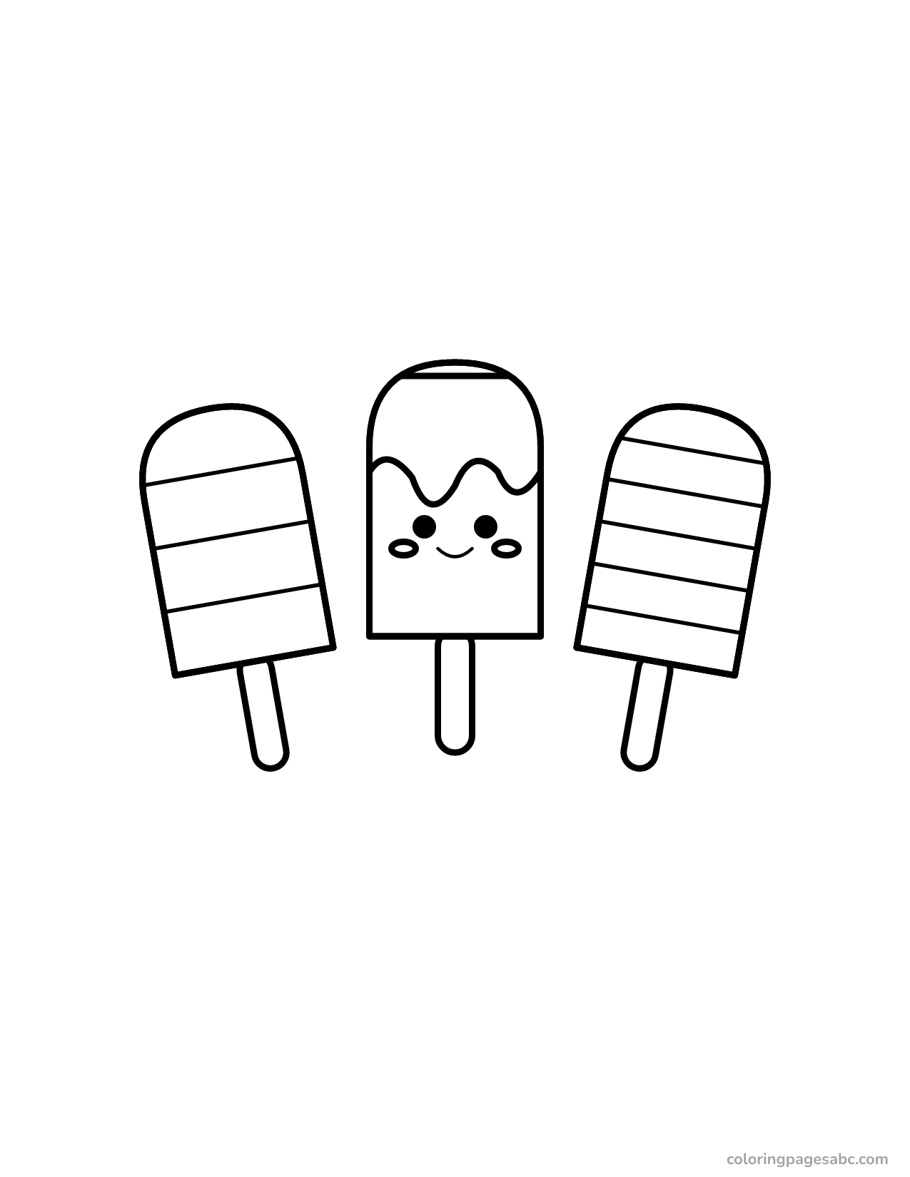 Three popsicles side by side, the middle one smiling