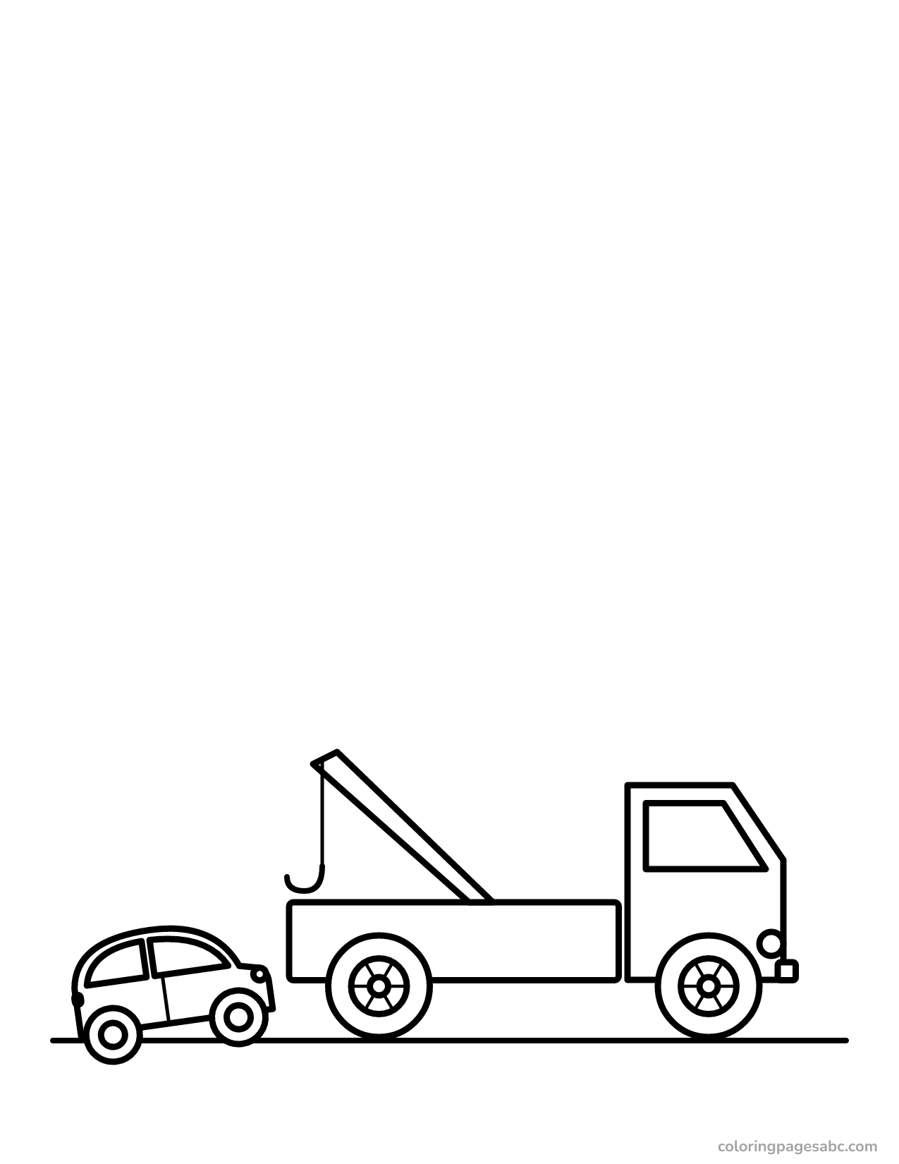 Tow truck with a hook towing a small car coloring page