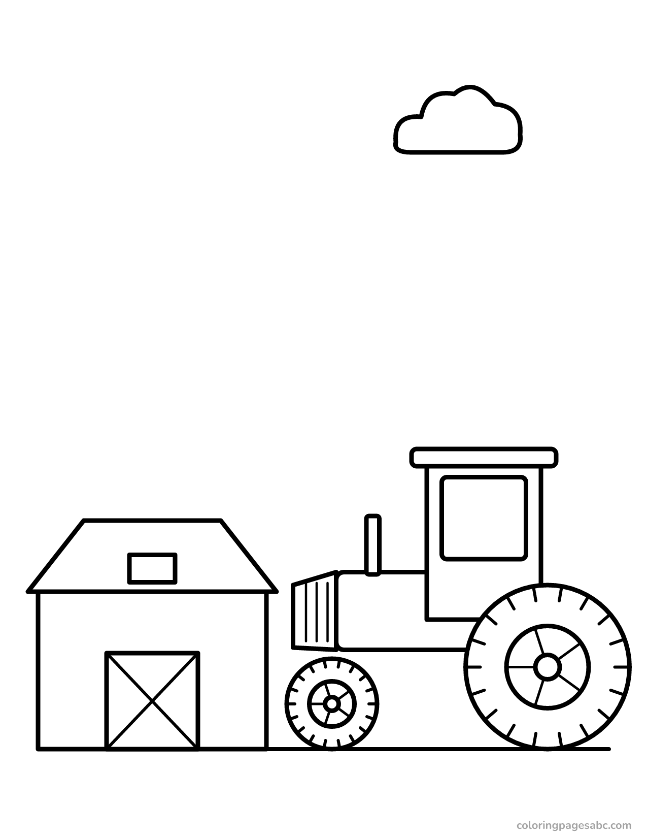Tractor parked in front of a barn coloring page