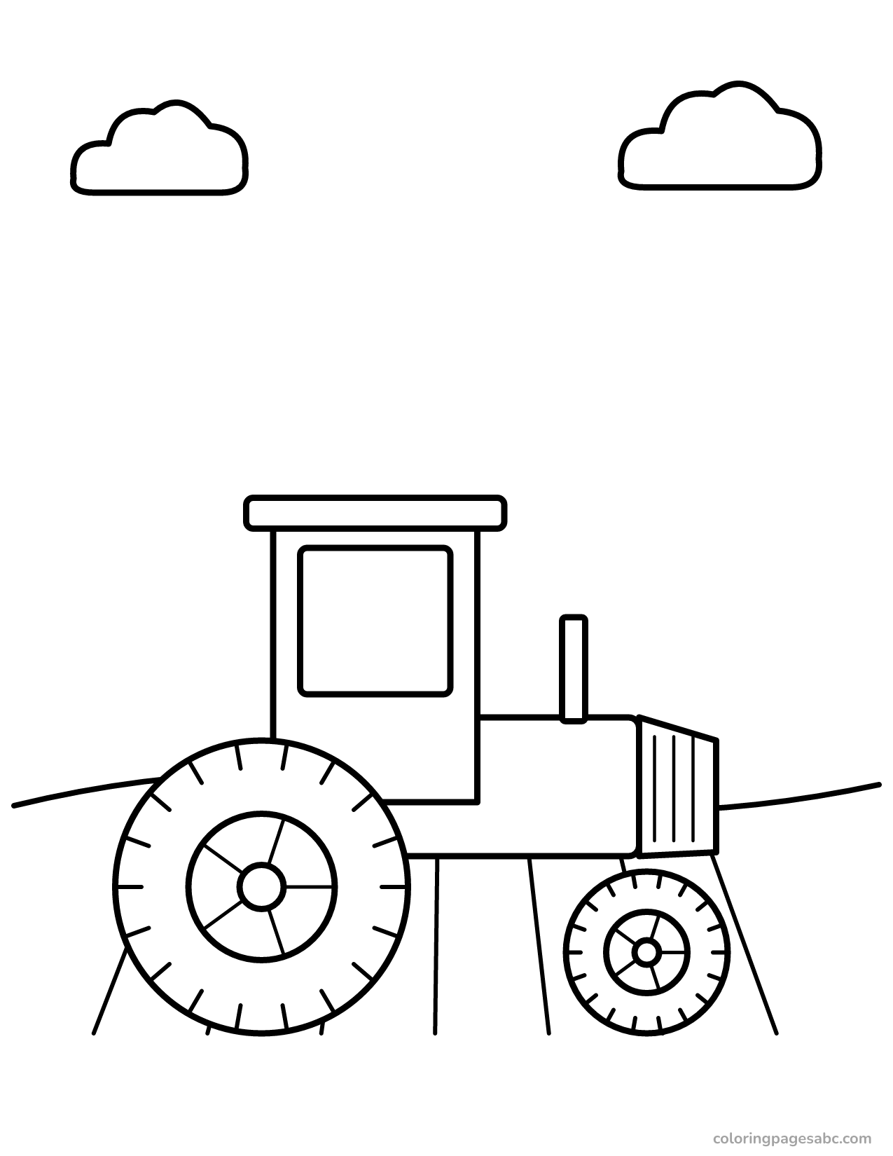 Tractor with a cab in a field with rows of crops coloring page