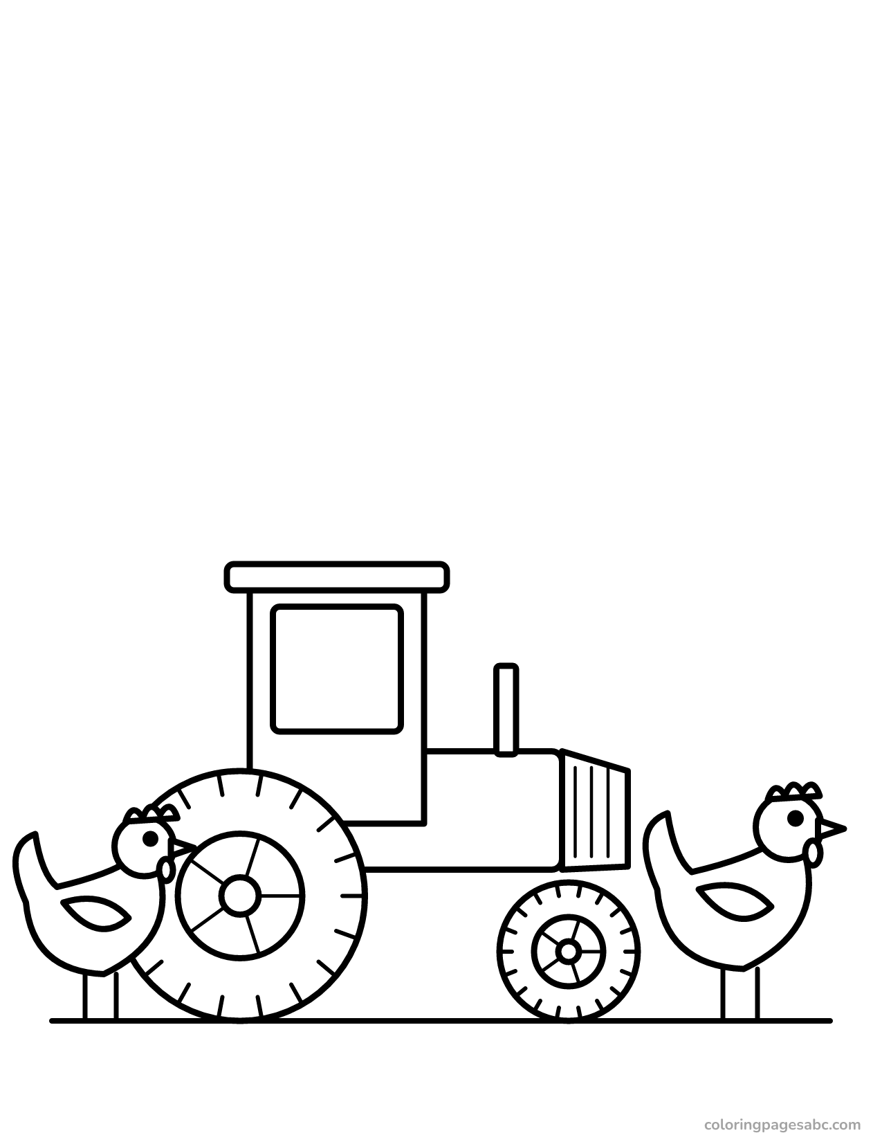 Tractor on the farm with two chickens coloring page