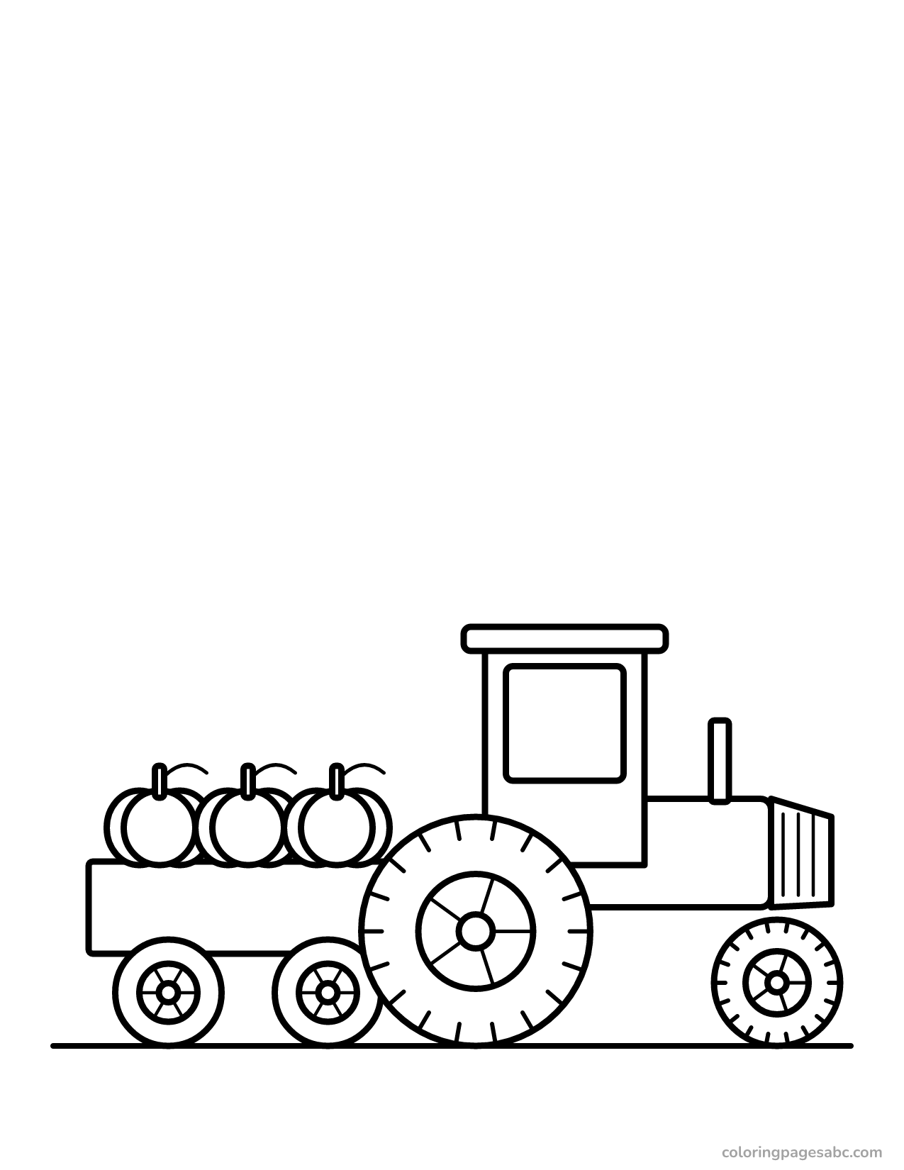 Tractor pulling a trailer with three pumpkins coloring page
