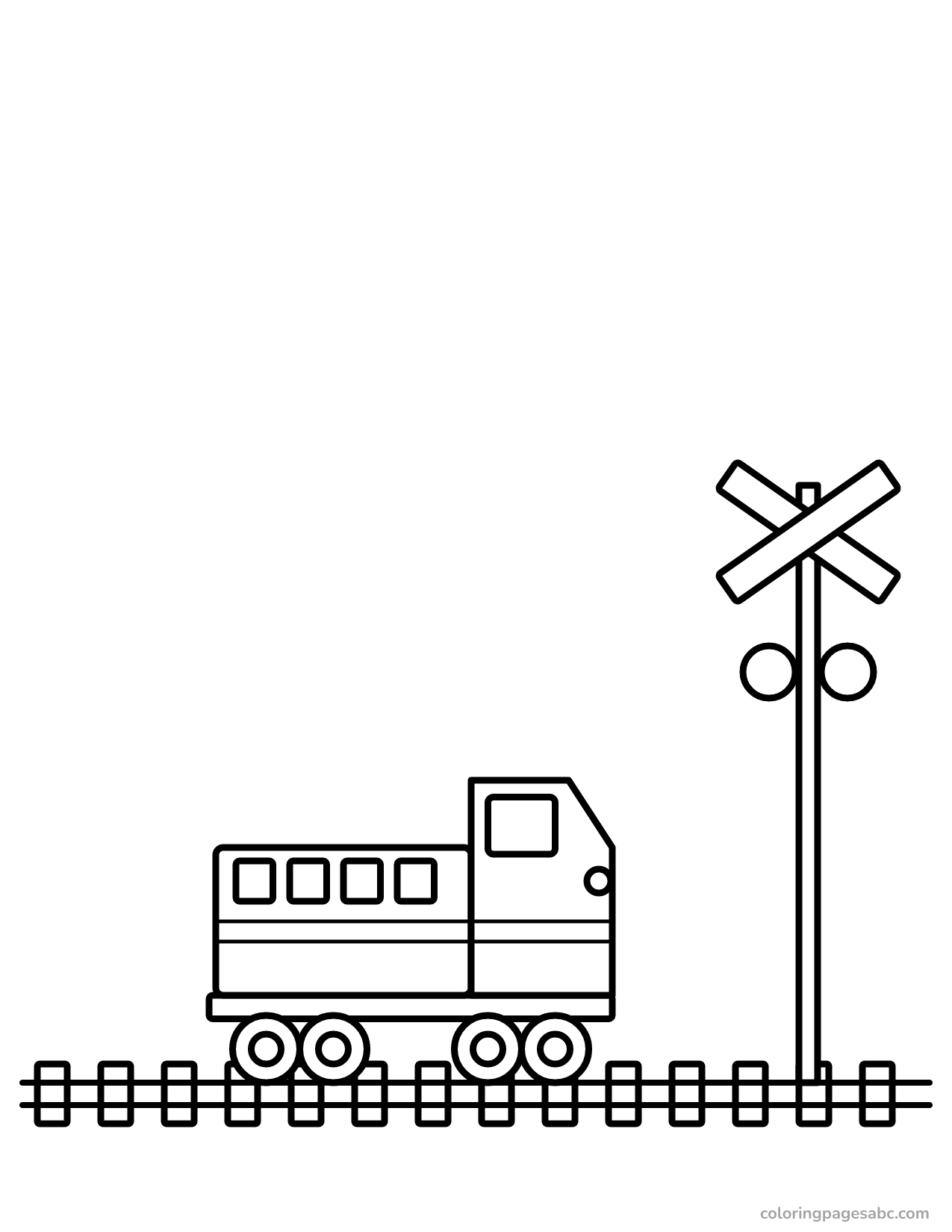 Diesel engine at a railroad crossing with the sign and lights