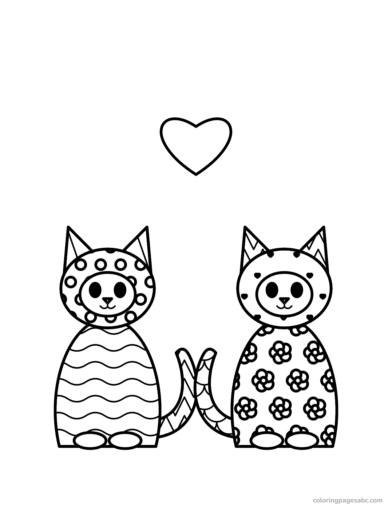 Two patterned cats facing each other with a heart for adults