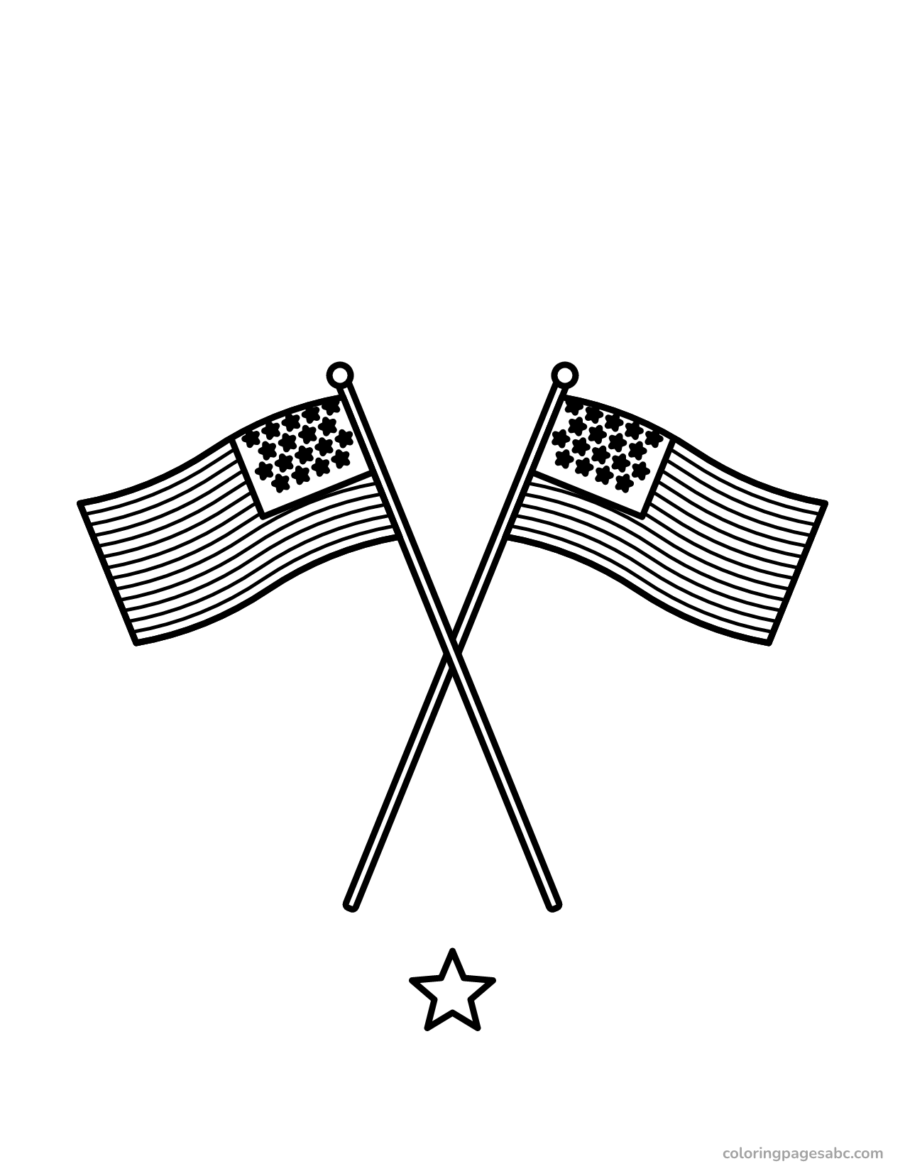 Two American flags on crossed poles above a star coloring page