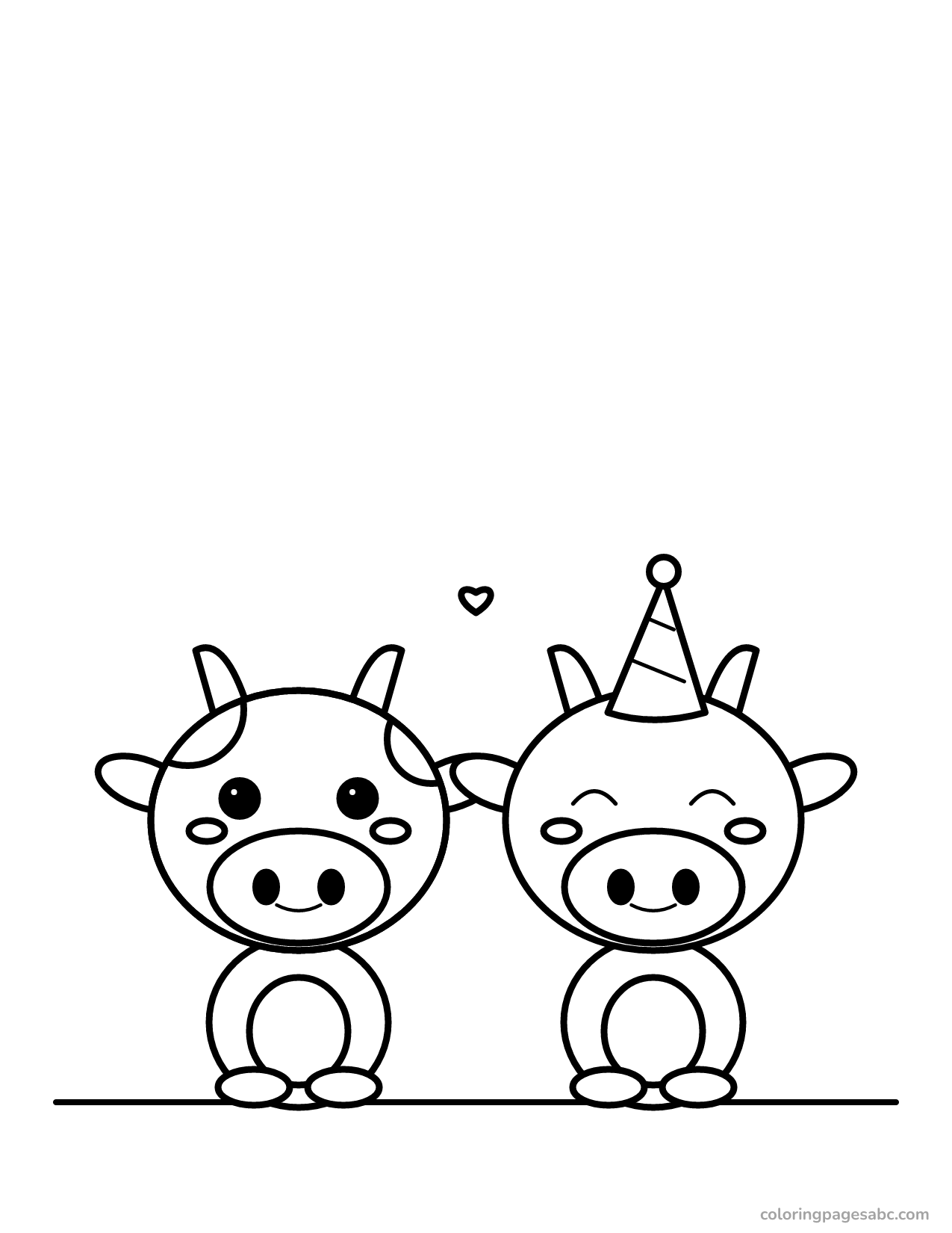 Two kawaii cows with a party hat and a heart coloring page