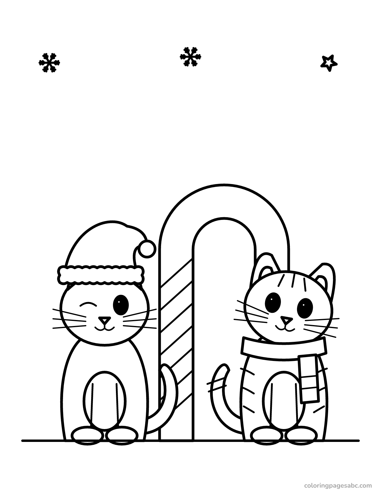 Two kittens with a candy cane to color online
