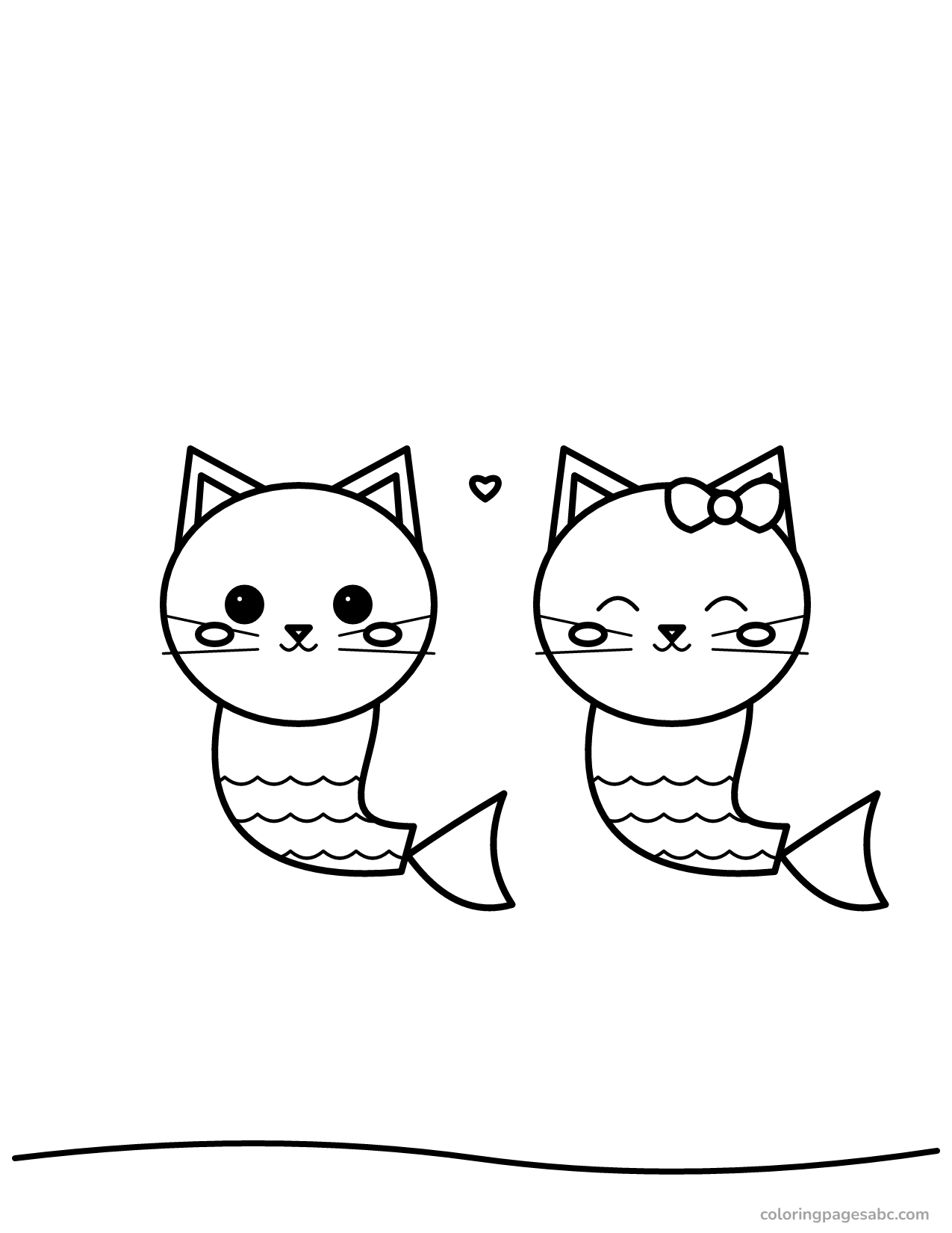 Two kitty mermaids with a heart between them coloring page