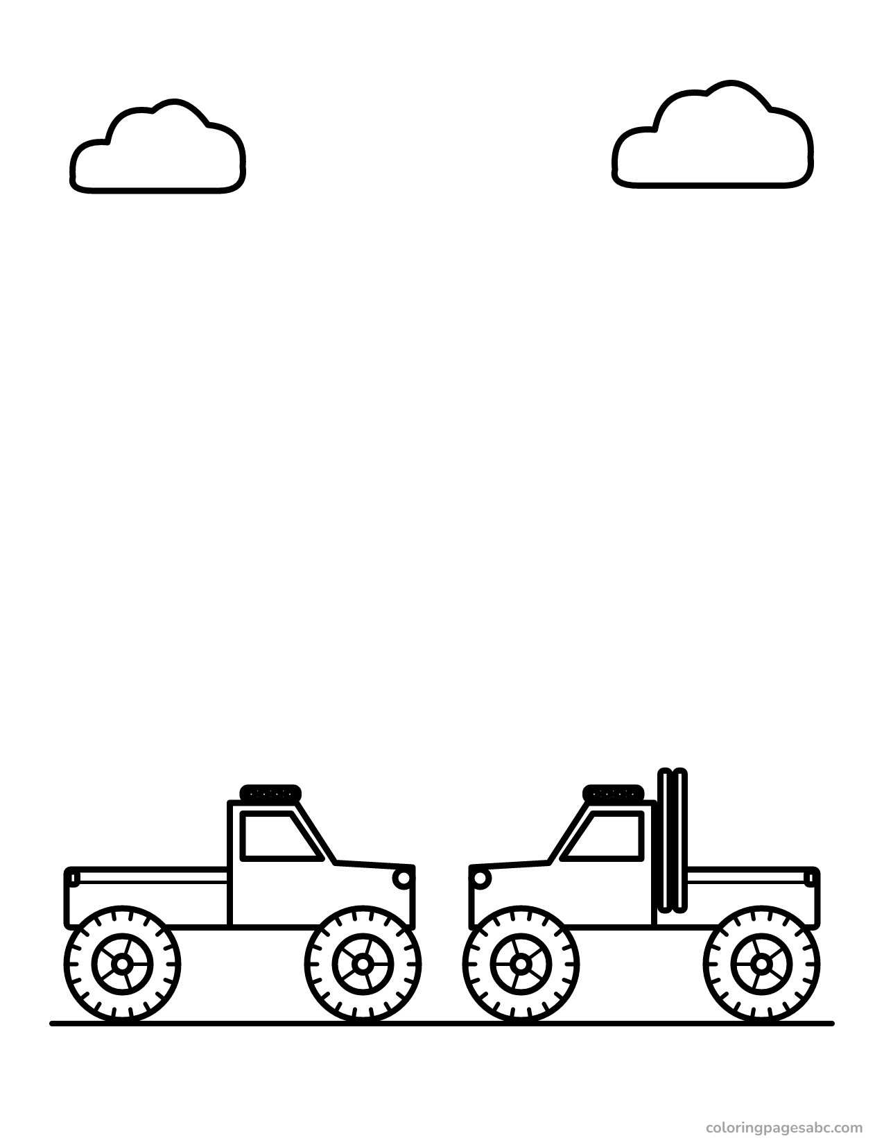 Two lifted trucks facing each other coloring page