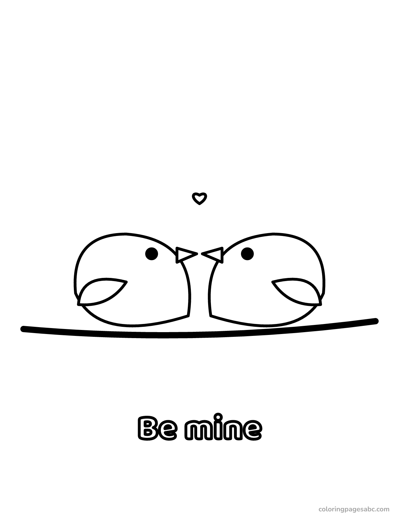 Two love birds on a branch with Be mine lettering