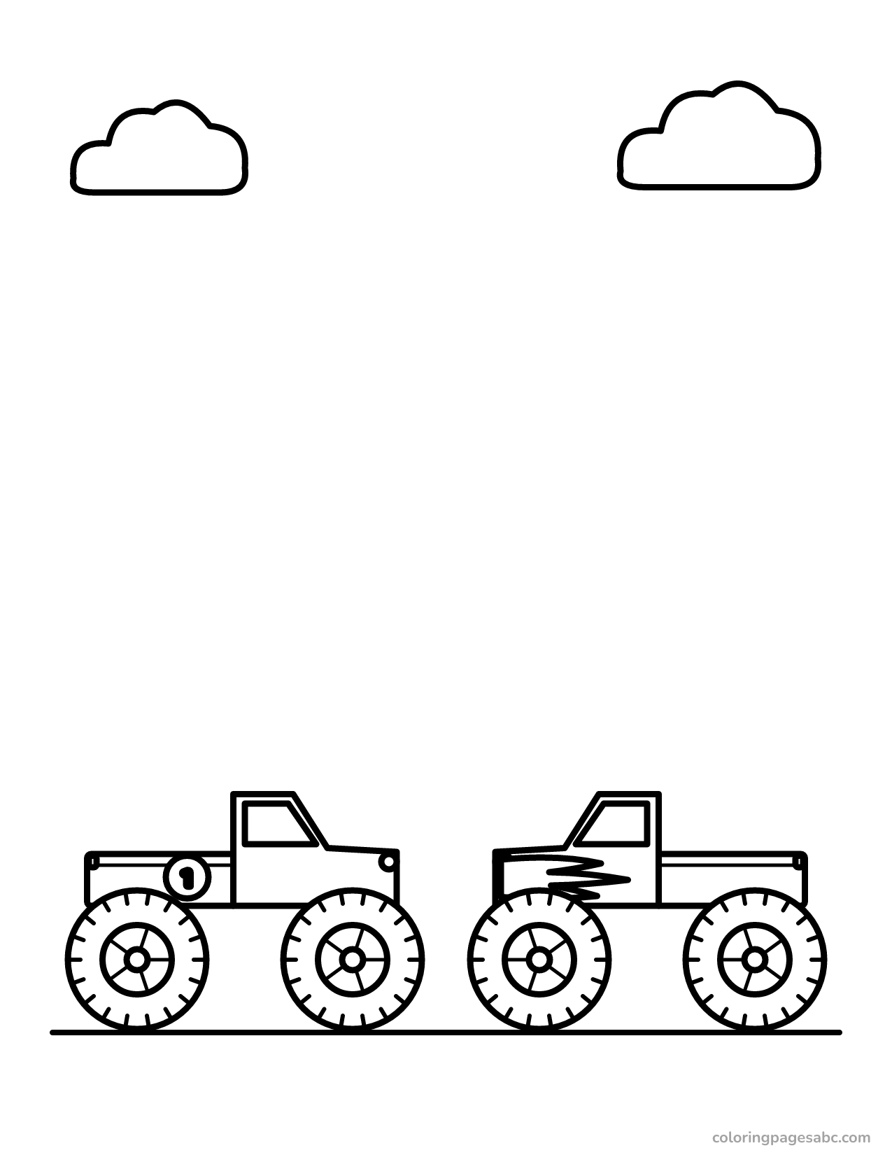 Two monster trucks facing each other coloring page
