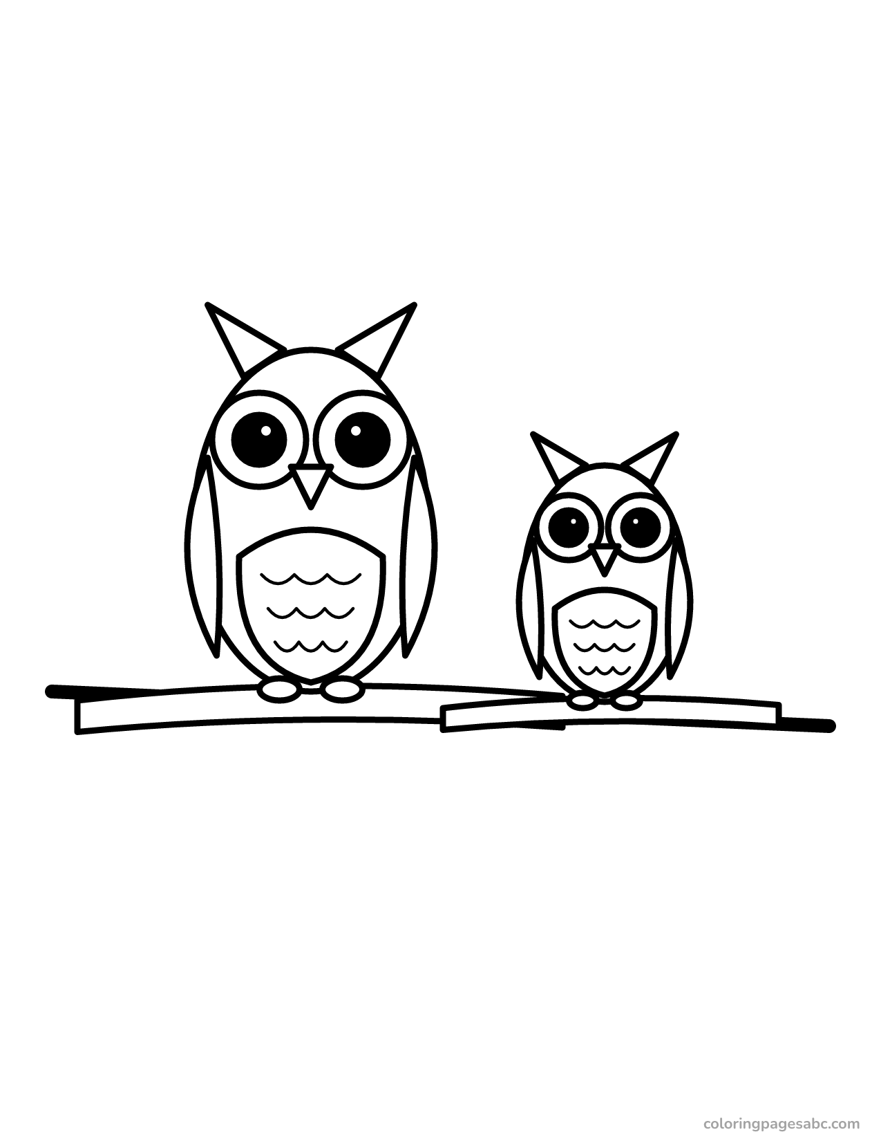 Big and small owl sitting on a branch coloring page