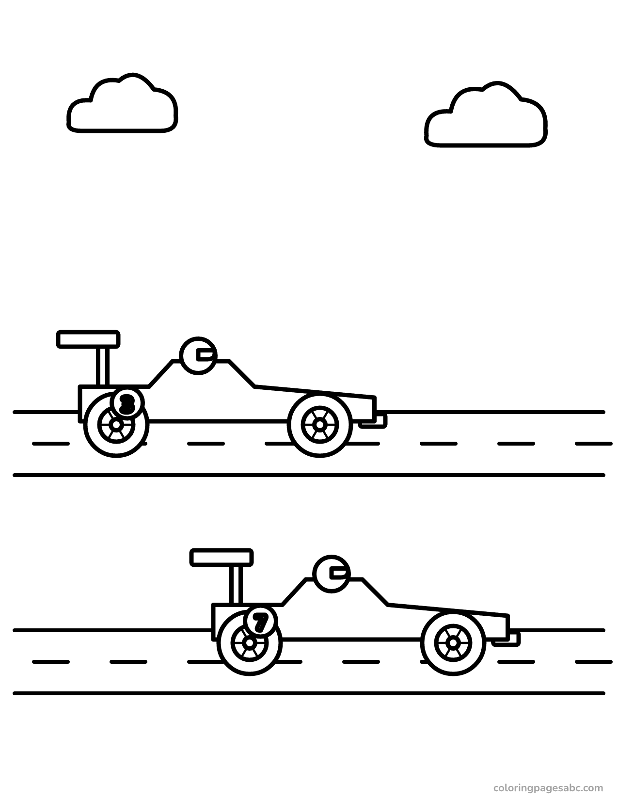 Two race cars with the numbers 3 and 7 racing coloring page