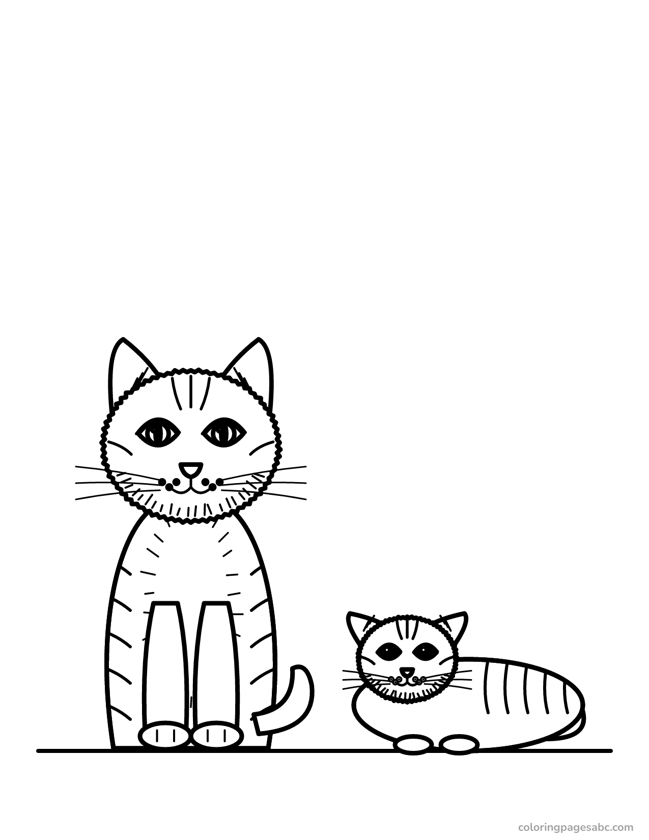 Sitting tabby cat and a cat lying down next to it coloring page