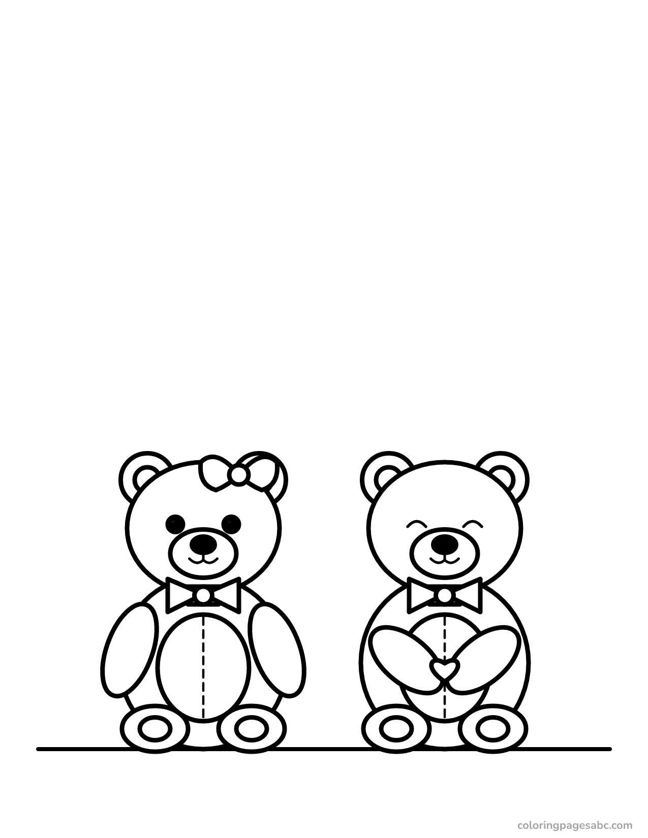 Two teddy bears with a bow and a heart coloring page
