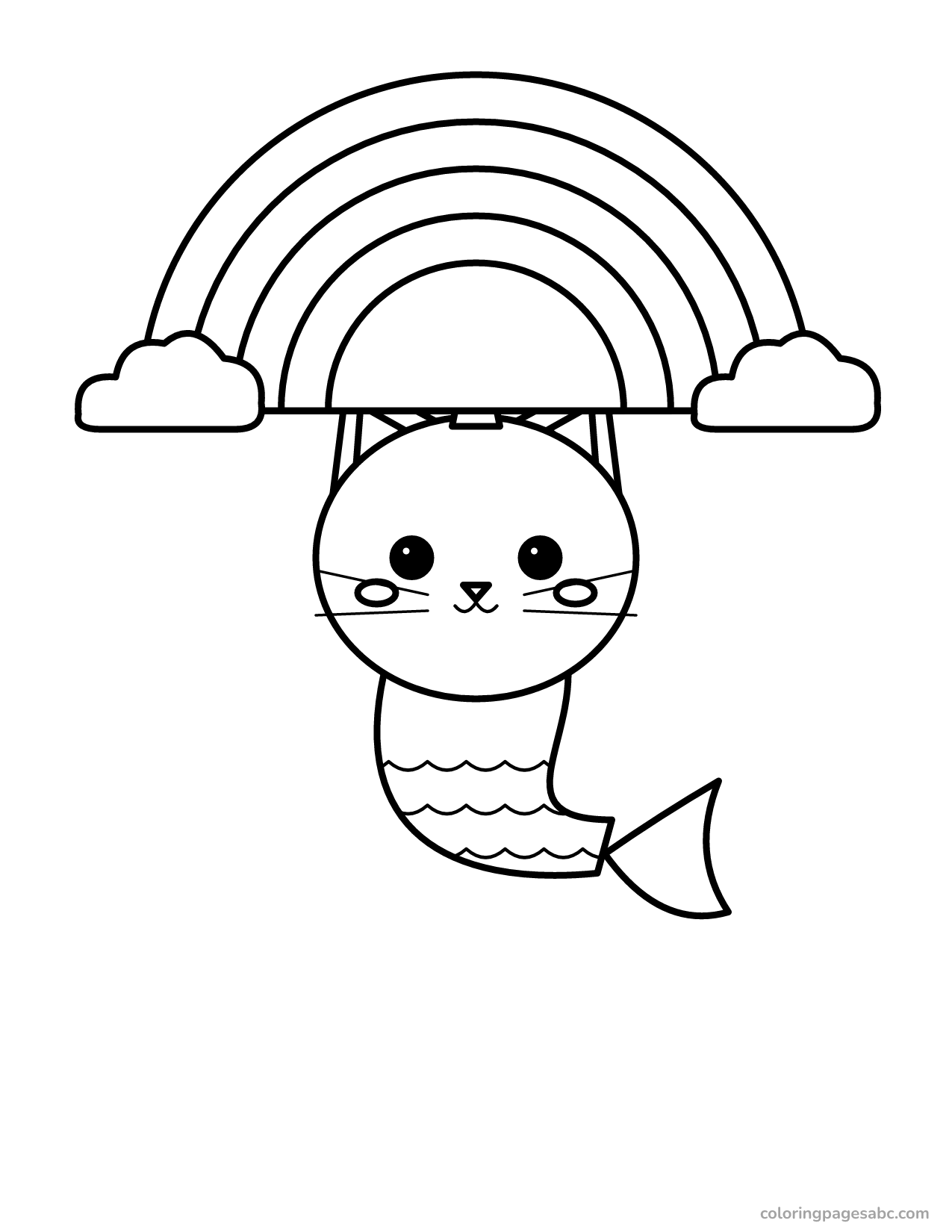 Unicorn cat mermaid under a rainbow coloring page