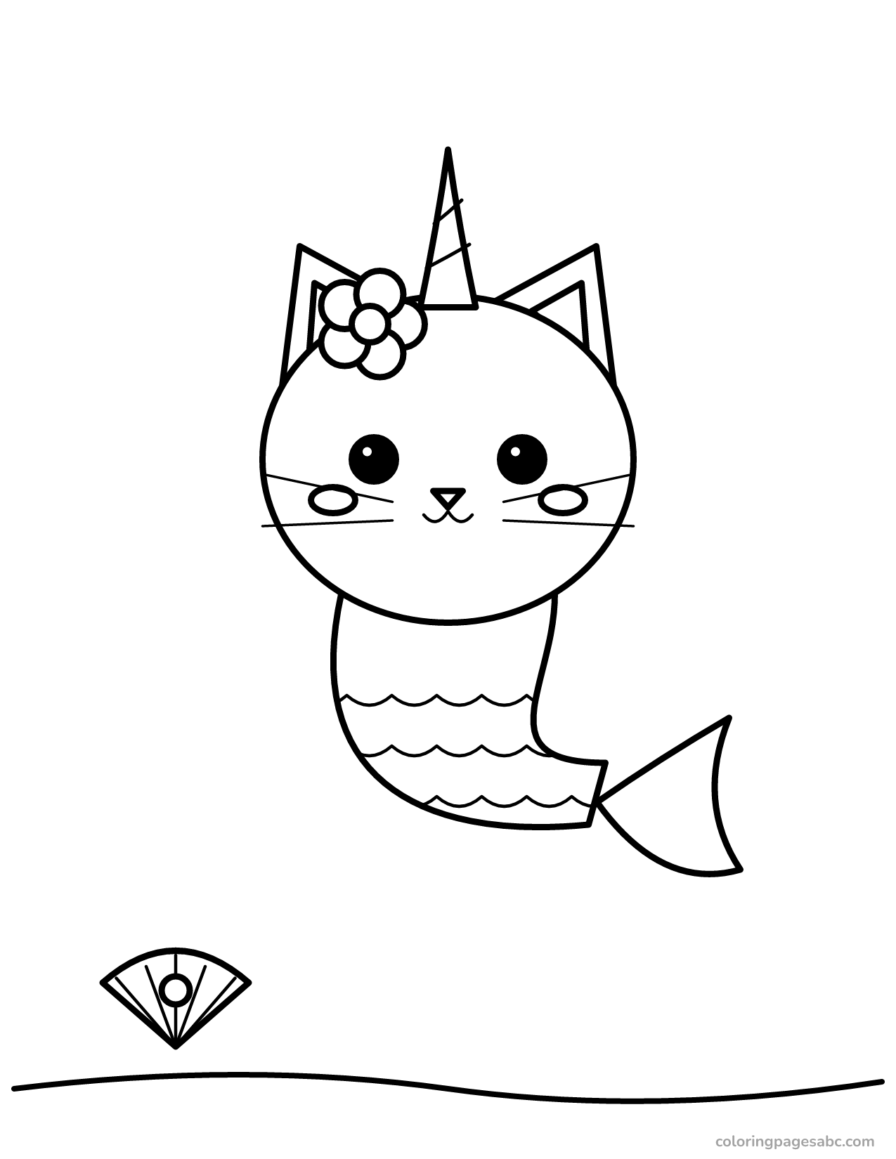 Unicorn cat mermaid with a flower next to a pearl shell