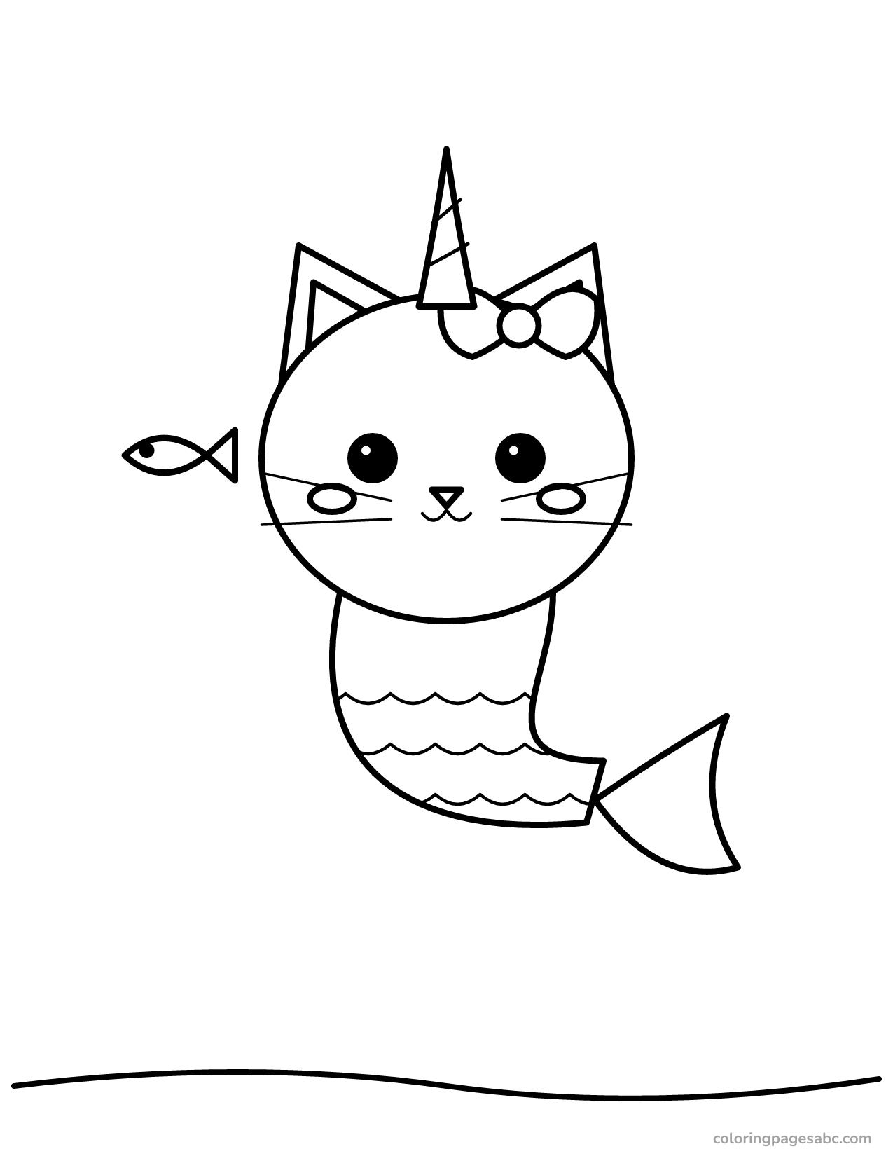 Unicorn cat mermaid with a bow and a little fish coloring page
