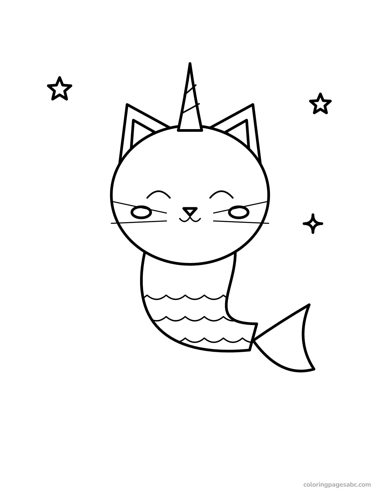Happy unicorn cat mermaid between stars coloring page