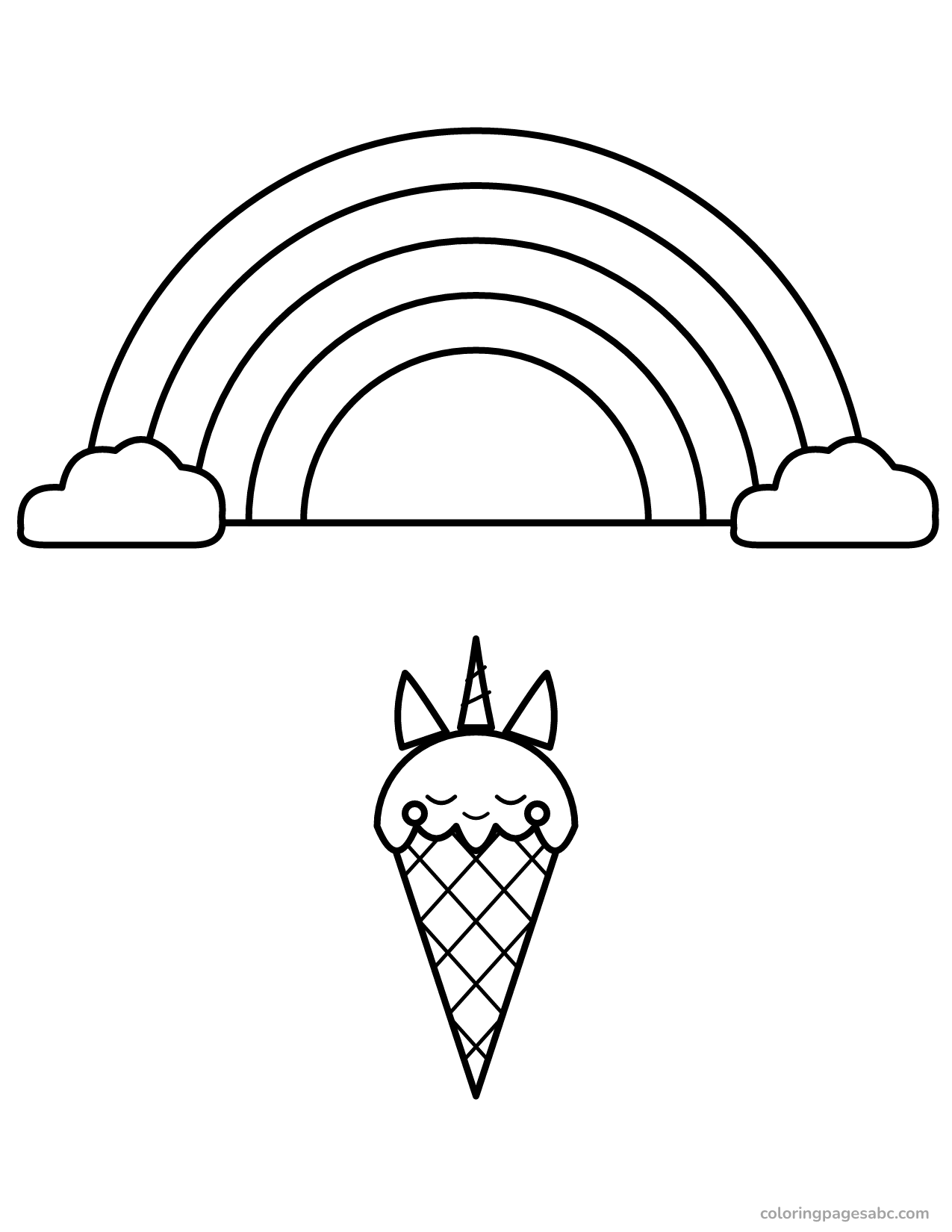 Unicorn ice cream and rainbow to color online