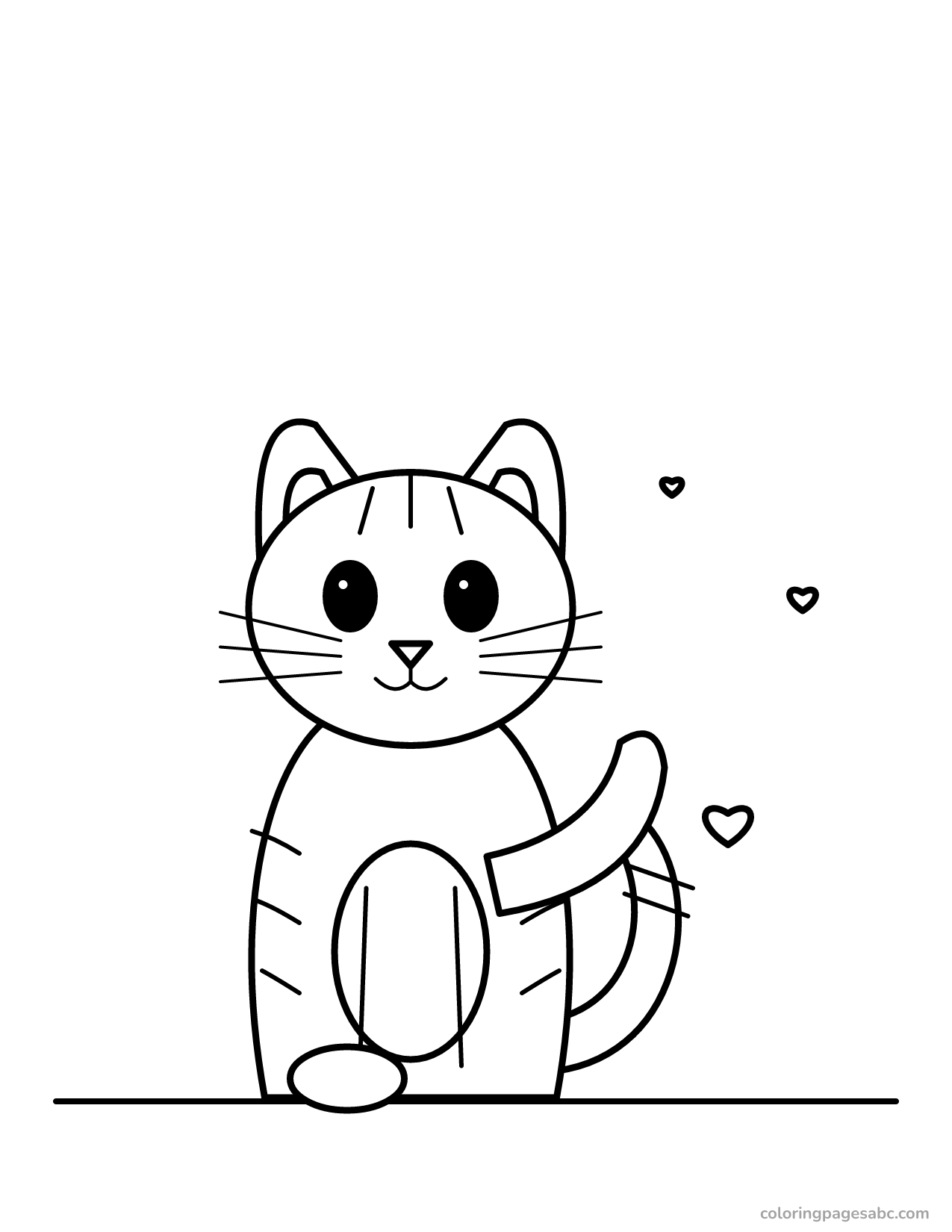 Striped valentine cat waving with hearts coloring page