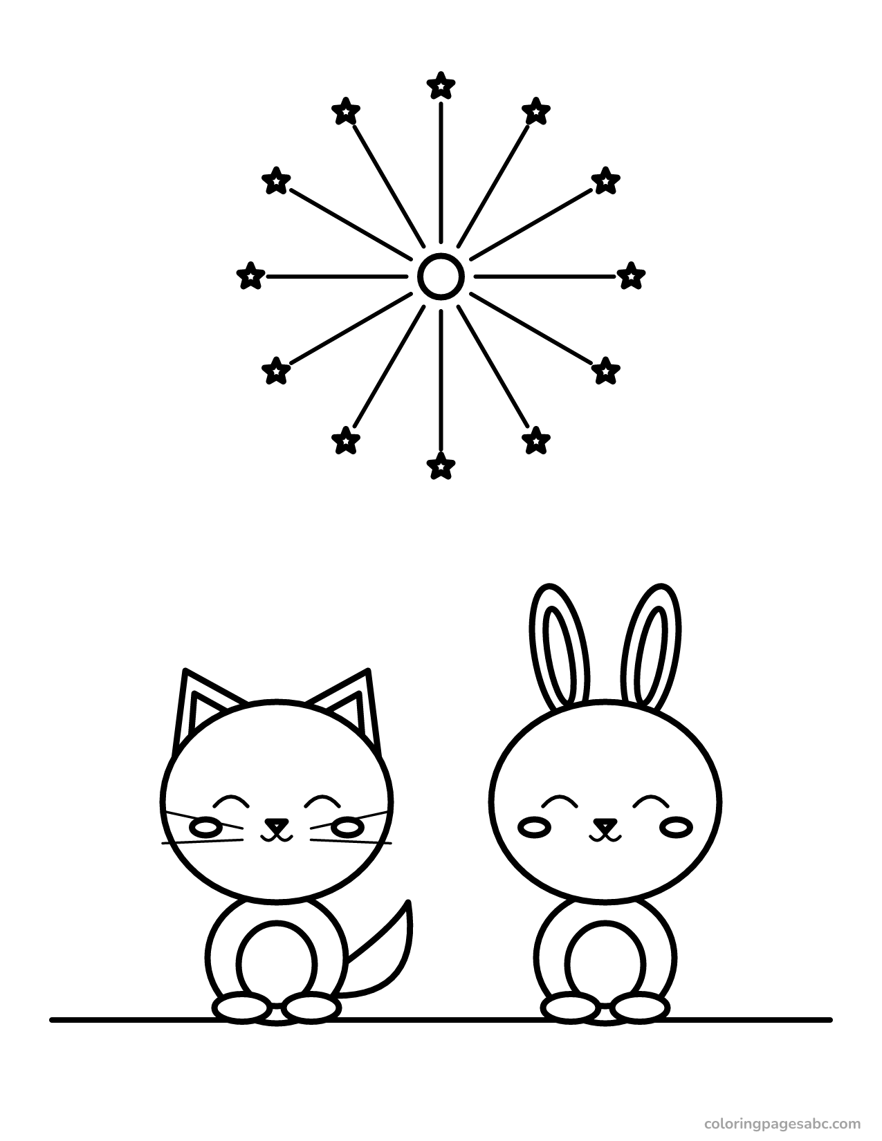 Cat and bunny watching a firework in the sky coloring page