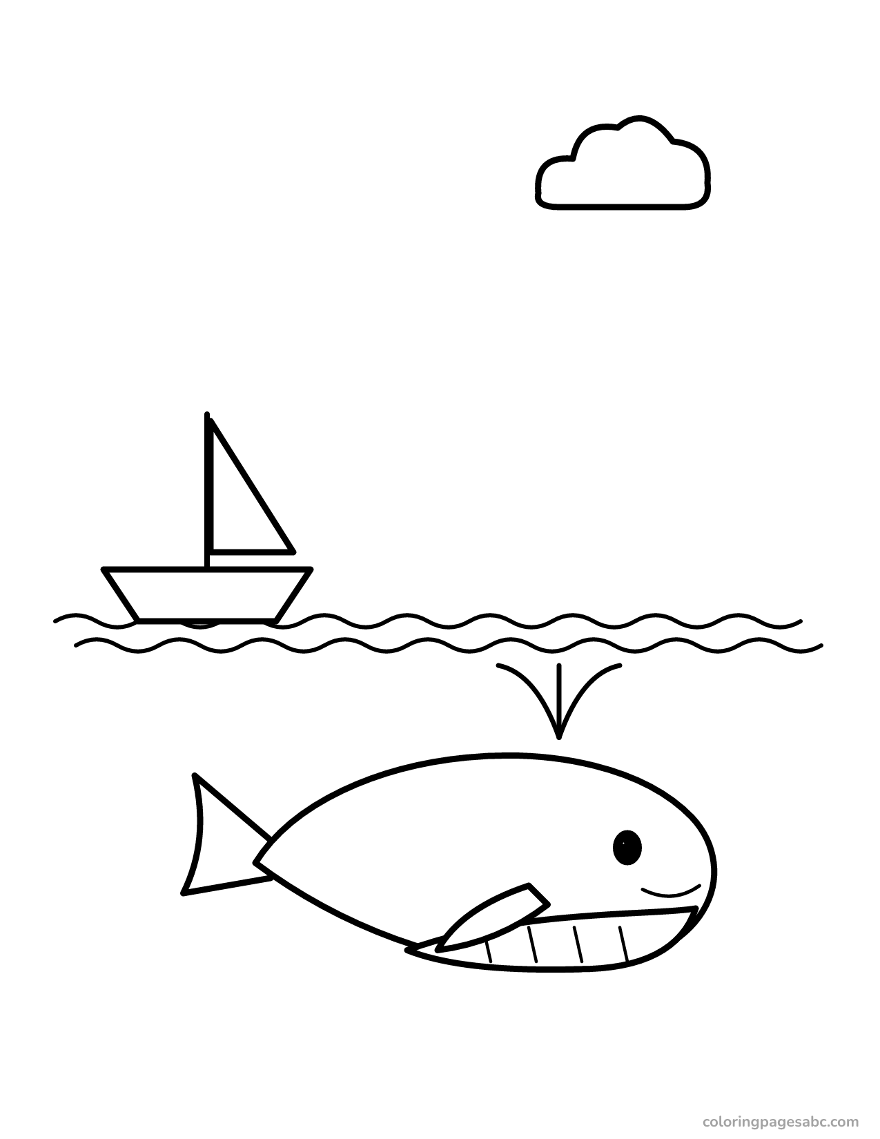 Whale swimming under a sailboat in the ocean coloring page