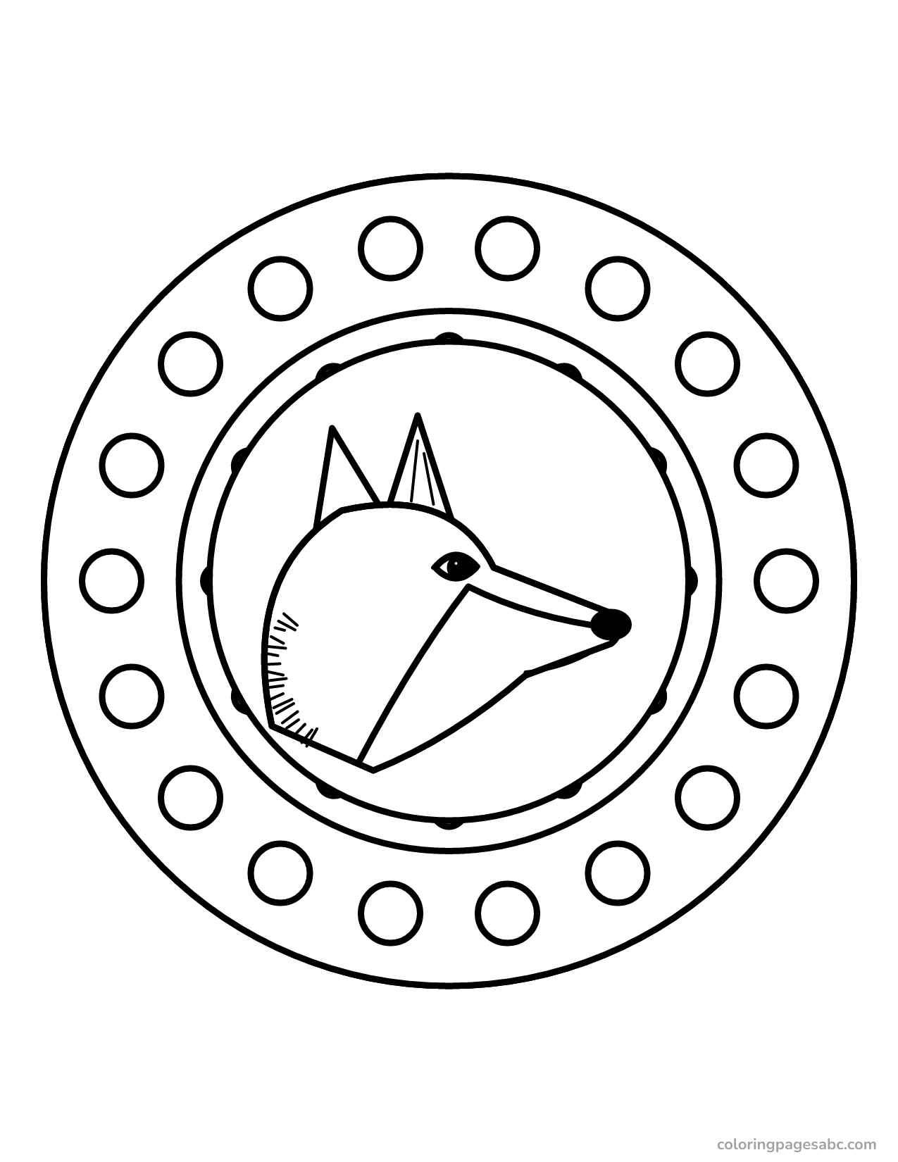 Wolf head inside a mandala ring coloring page for adults