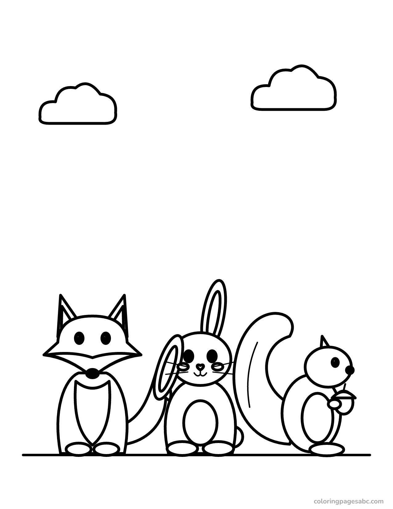 Fox, bunny and squirrel woodland friends coloring page
