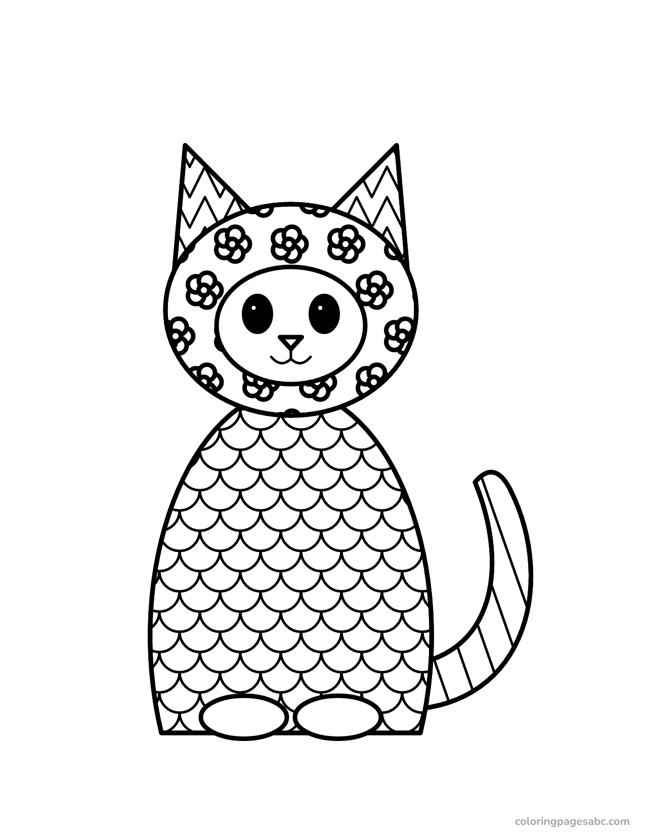 Zentangle cat with flower, scale and stripe patterns coloring page